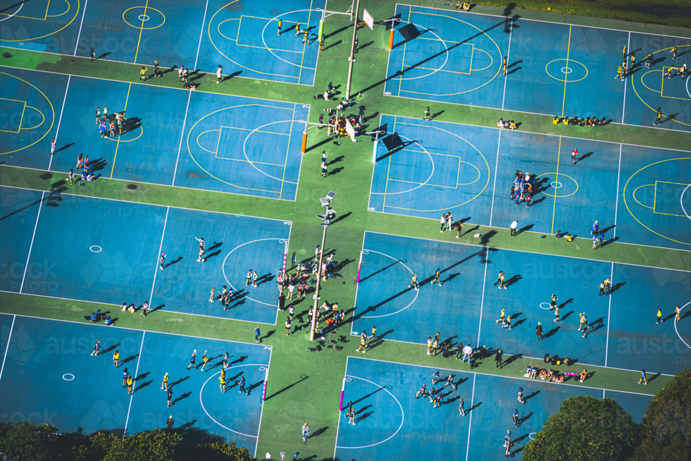 Aerial view of multiple outdoor netball courts - Australian Stock Image