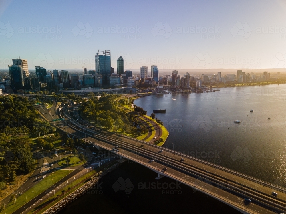 Aerial view of Narrows Bridge across the Swan River at dusk - Australian Stock Image