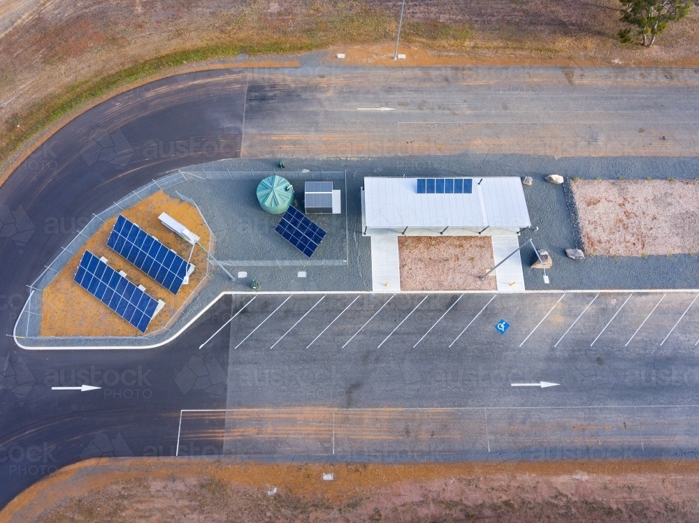 aerial view of newly constructed roadside ablution facilities and truck stop - Australian Stock Image