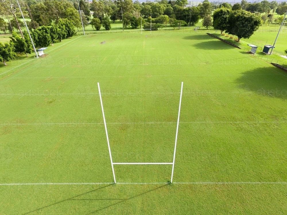 Aerial view of NRL footy field and goal posts. - Australian Stock Image