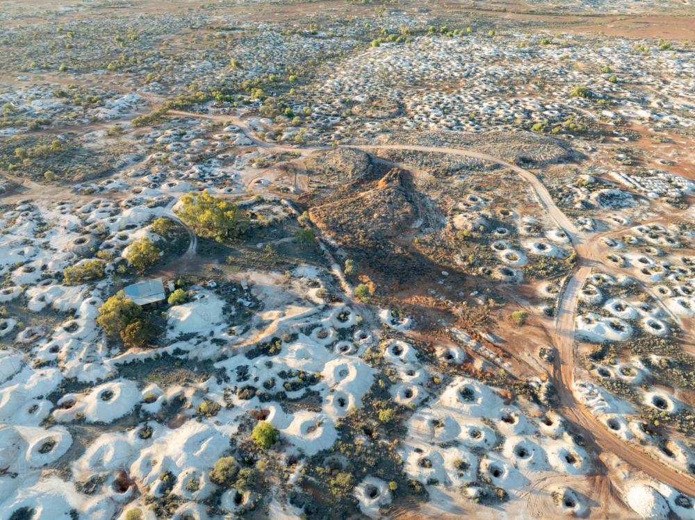 Aerial view of opal mines in White Cliffs, New South Wales - Australian Stock Image