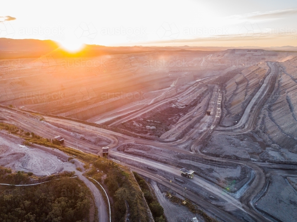 Image of aerial view of open cut coal mine at dusk in Hunter Valley ...