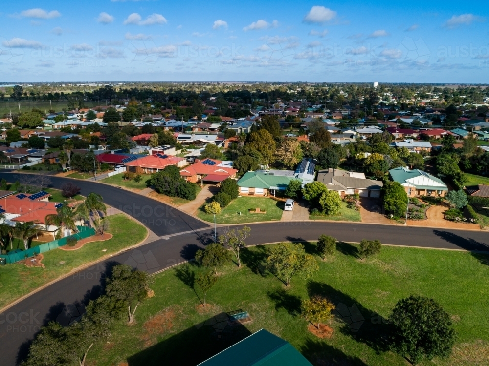 Aerial view of park beside housed in country town in rural NSW - Australian Stock Image