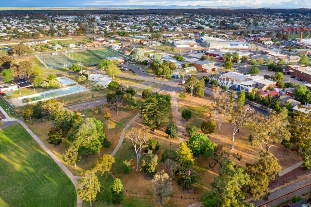 Aerial view of parkland and recreation precinct of a country town - Australian Stock Image