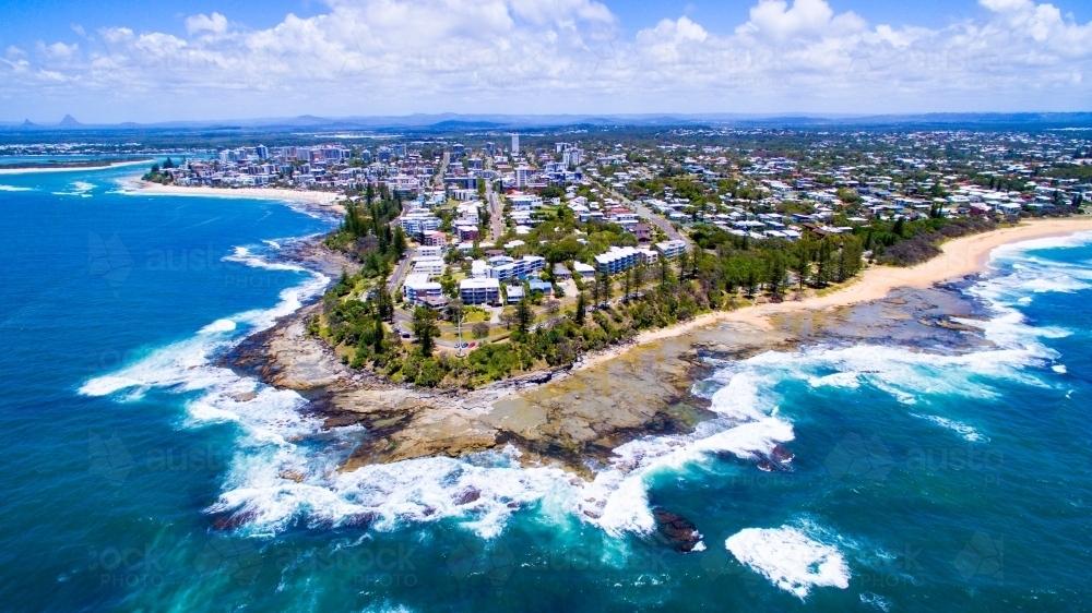 Aerial view of Point Wickham, Shelly Beach, and Kings Beach at Caloundra on the Sunshine Coast - Australian Stock Image
