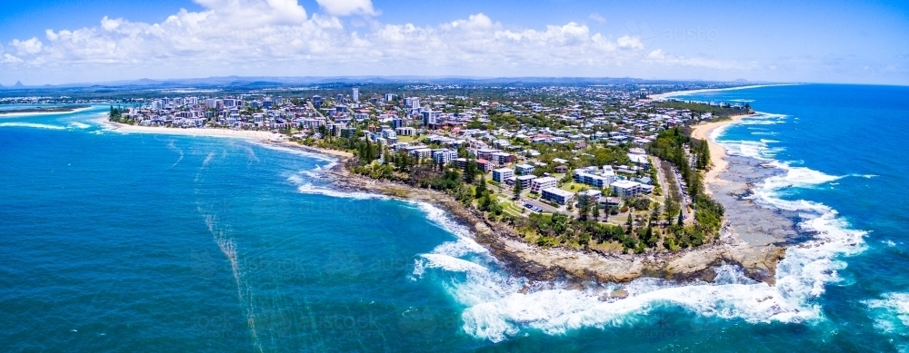 Aerial view of Point Wickham, Shelly Beach, and Kings Beach at Caloundra on the Sunshine Coast - Australian Stock Image