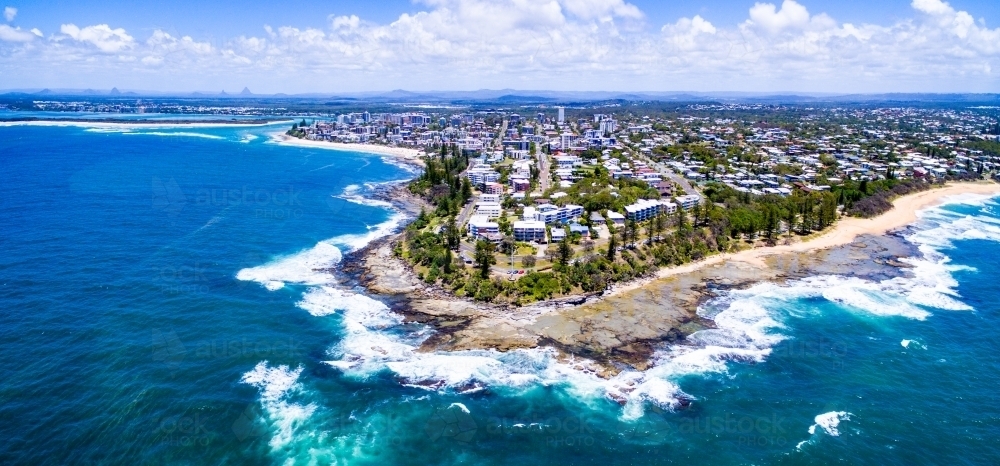 Aerial view of Point Wickham, Shelly Beach, and Kings Beach - Australian Stock Image