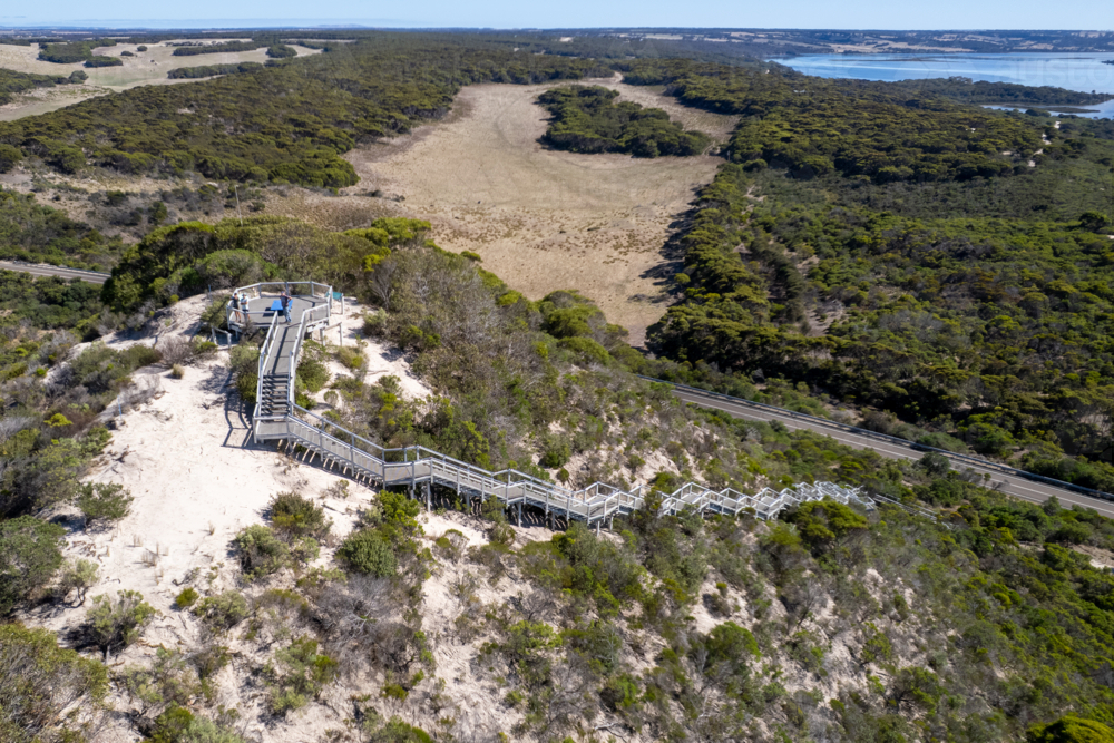 Aerial View of Prospect Hill Lookout Boardwalk and Stairs on Sandy Hill, Kangaroo Island - Australian Stock Image