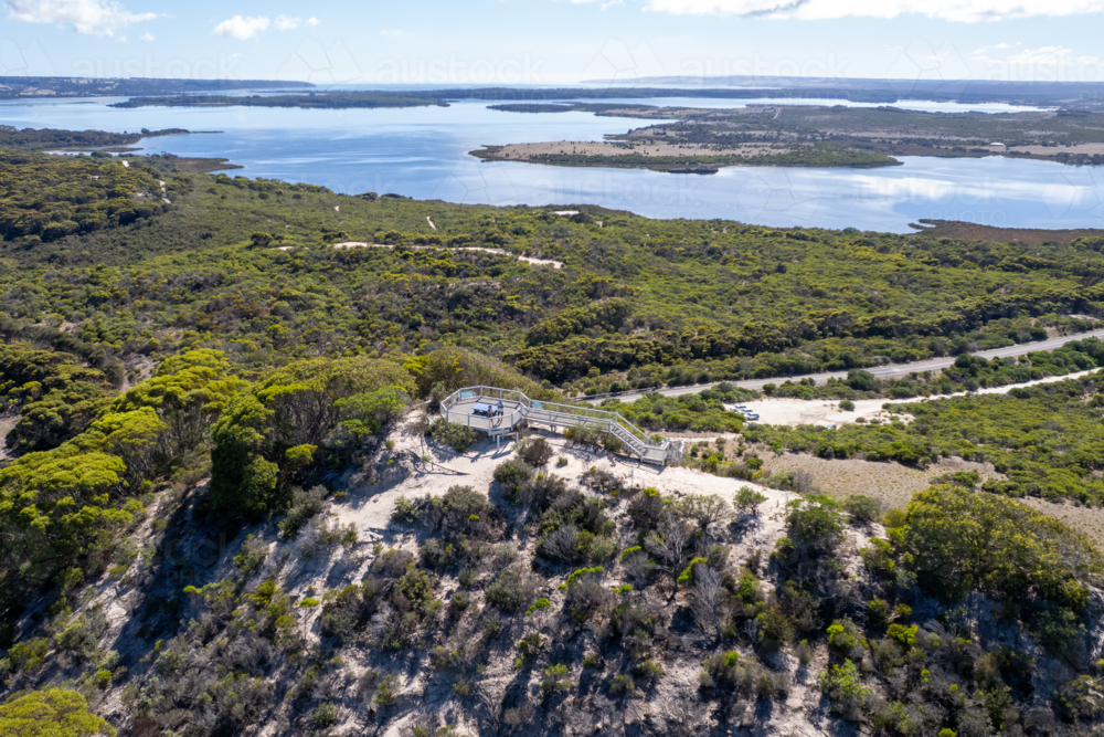Aerial View of Prospect Hill Lookout Boardwalk Overlooking Pelican Lagoon and Coastal Bushland - Australian Stock Image