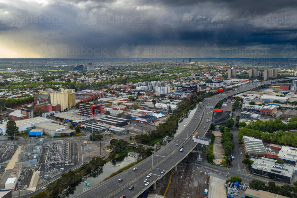 Image of Aerial view of rain falling from dark storm clouds advancing ...