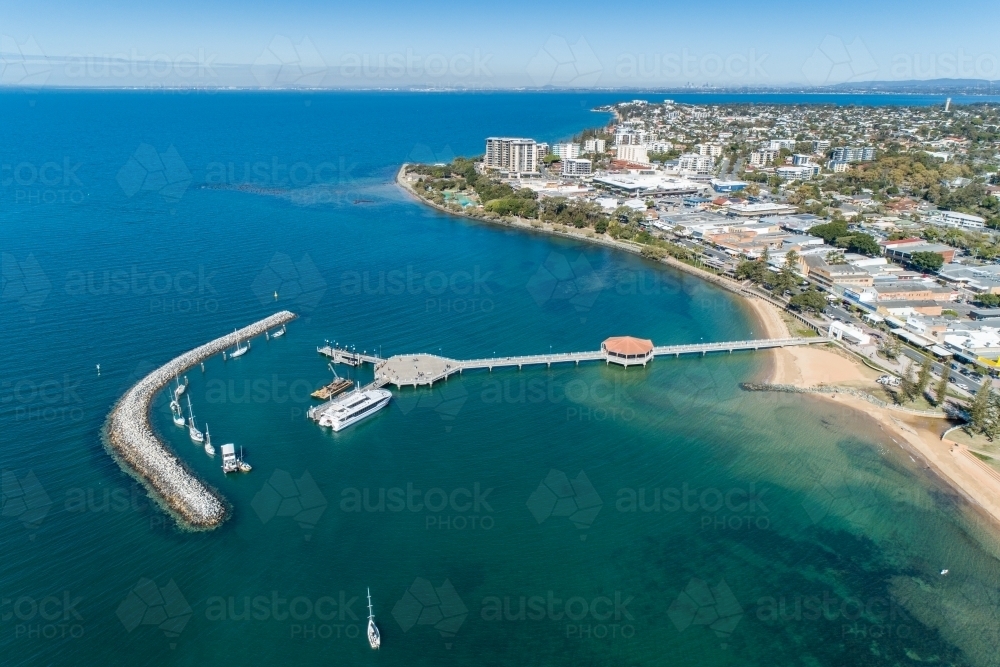 Image of Aerial view of Redcliffe Pier and coastline. Austockphoto