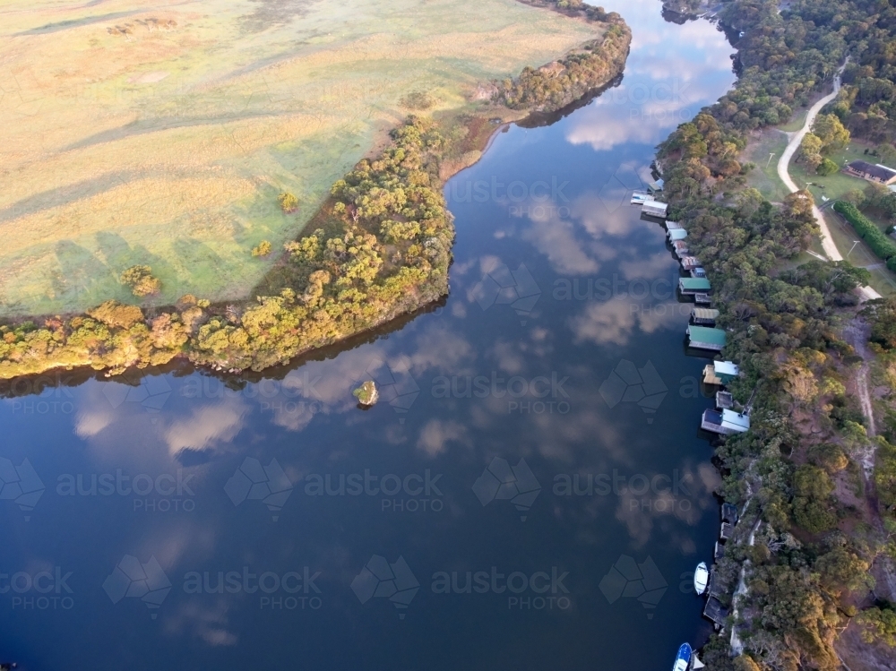 Aerial View of River Cabins in The Glenelg River - Australian Stock Image