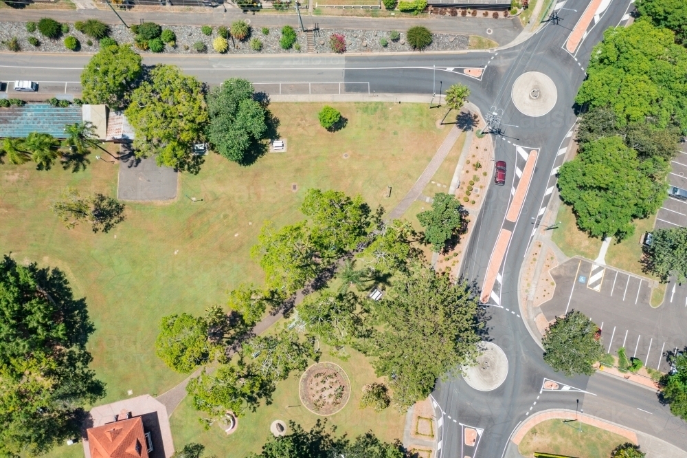 Aerial view of roads and roundabouts around a park in a regional town - Australian Stock Image