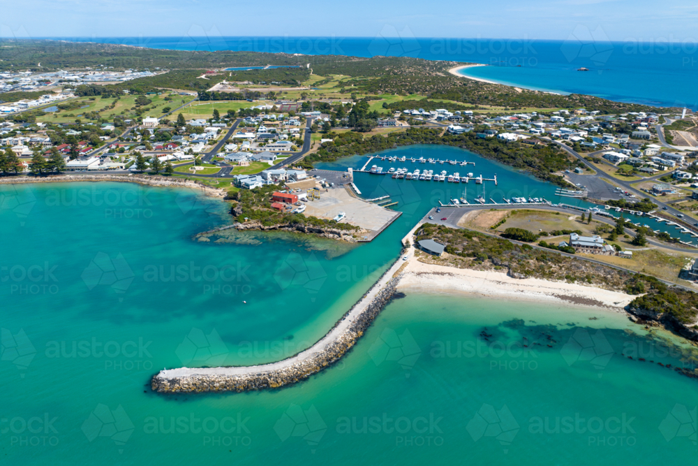 Aerial view of Robe’s coastal township and marina, South Australia - Australian Stock Image