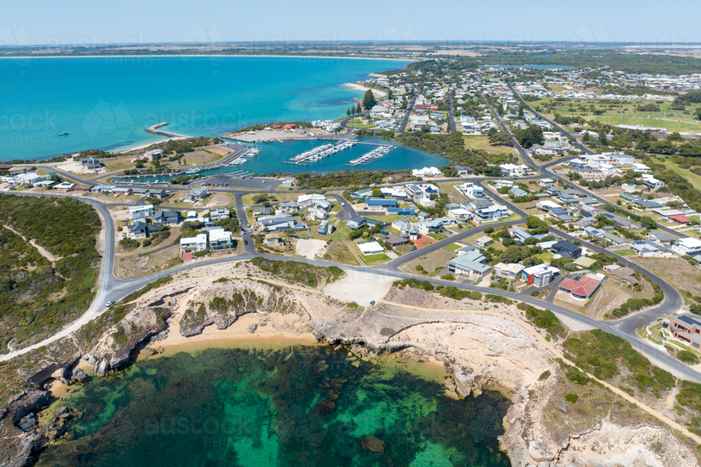 Aerial view of Robe’s coastal township and marina, South Australia - Australian Stock Image