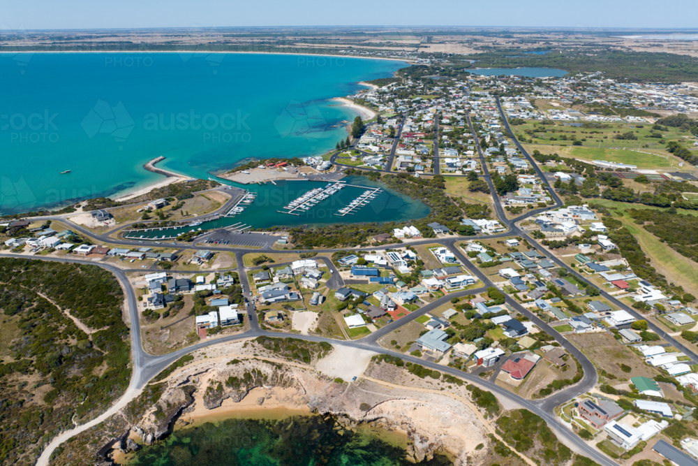 Aerial view of Robe’s coastal township and marina, South Australia - Australian Stock Image