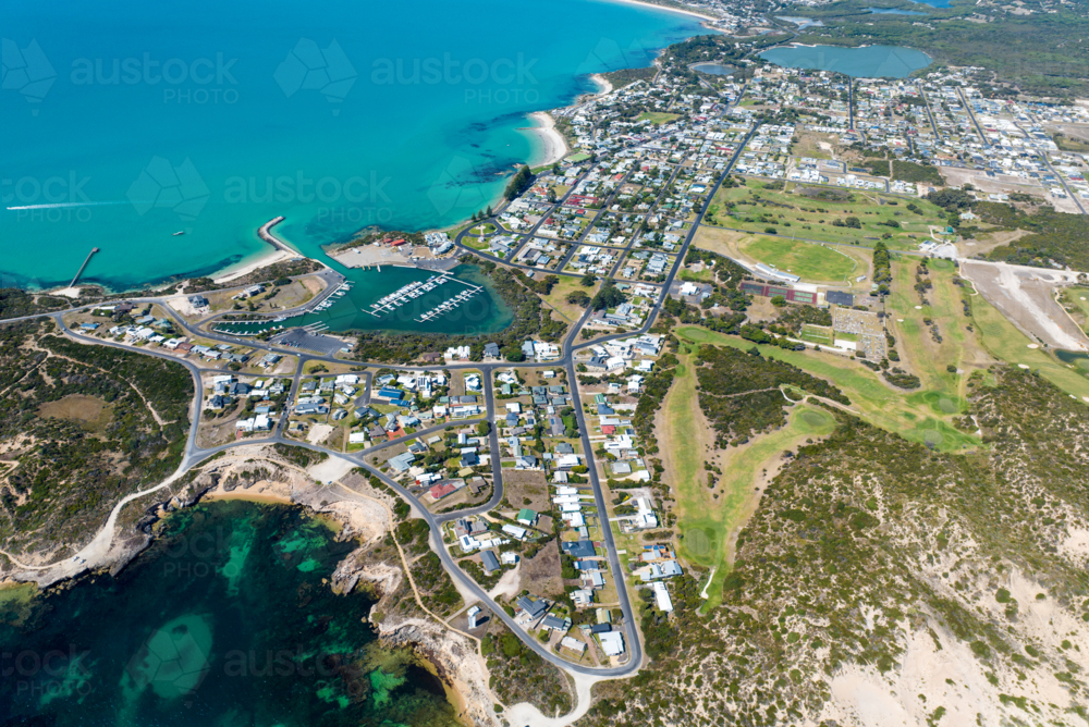 Aerial view of Robe’s coastal township and marina, South Australia - Australian Stock Image