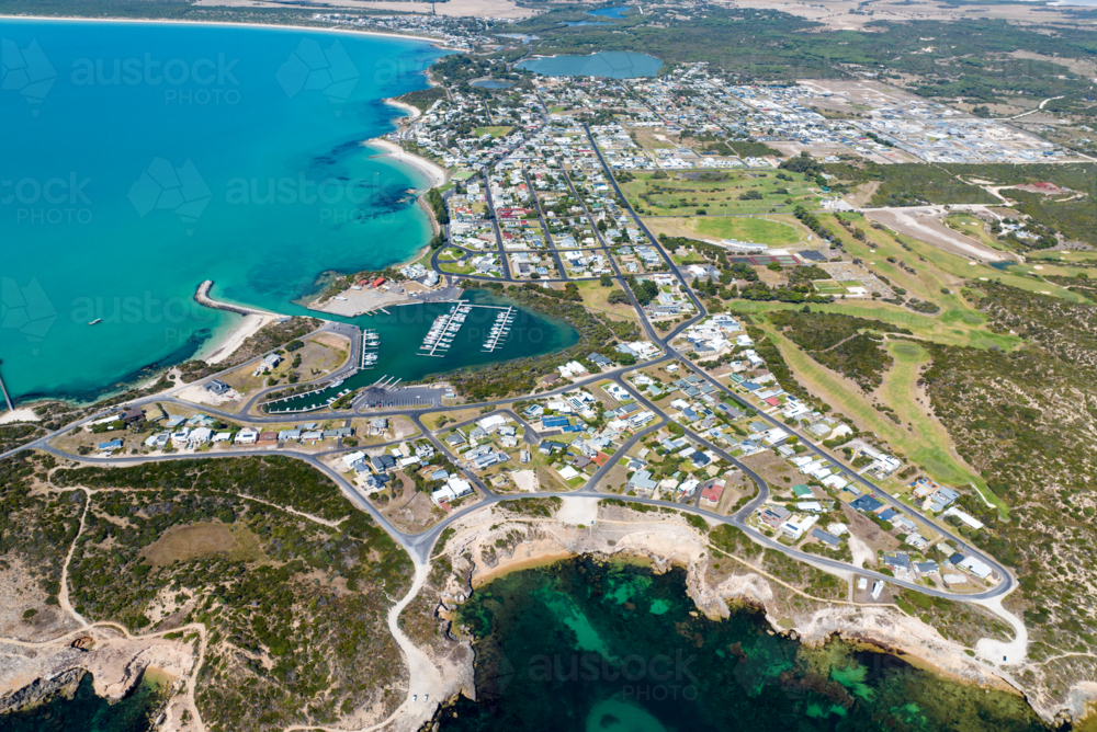 Aerial view of Robe’s coastal township and marina, South Australia - Australian Stock Image