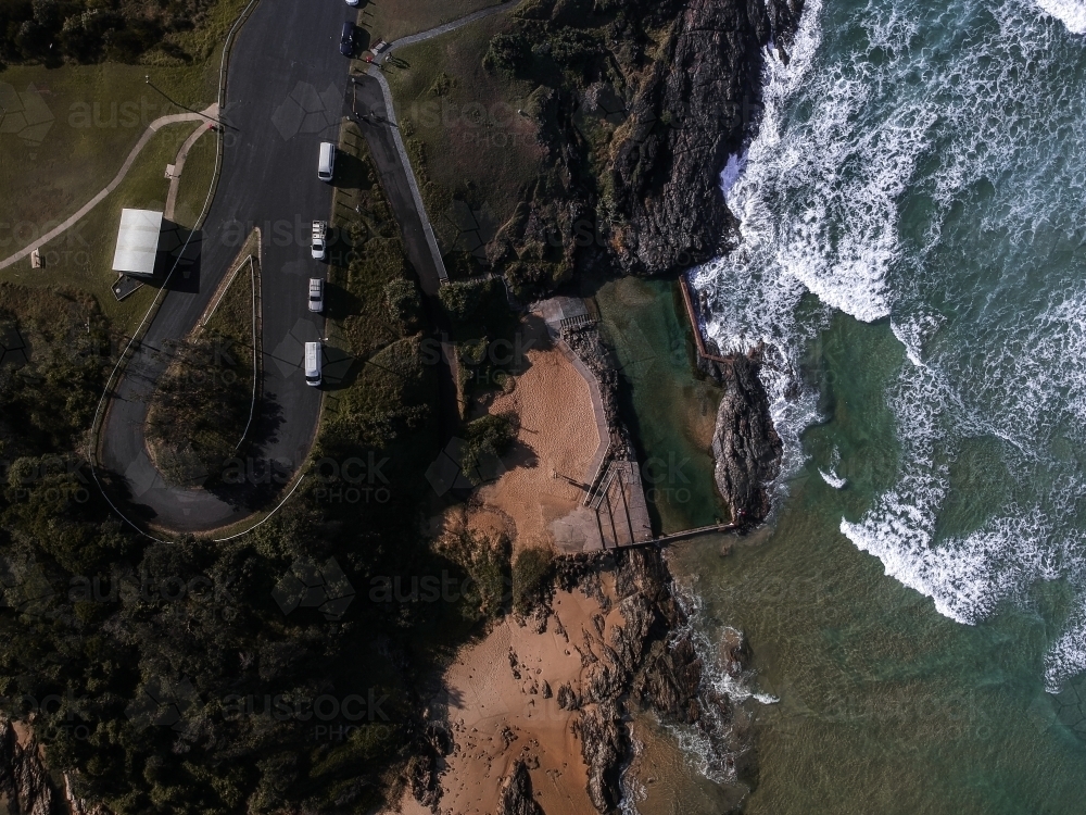 Aerial view of Roundabout next to Sawtell Rockpool - Australian Stock Image