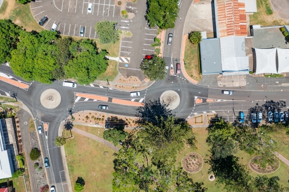 Aerial view of roundabouts and streets in a regional town - Australian Stock Image