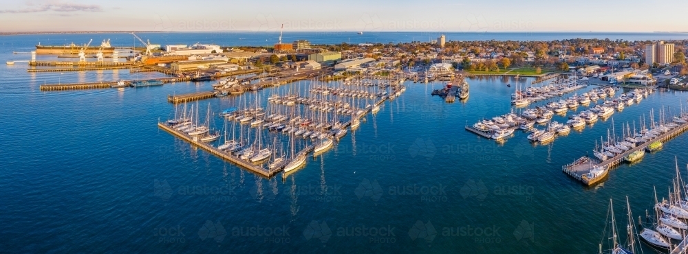 Image of Aerial view of rows of yachts and boats lined up along jettys ...