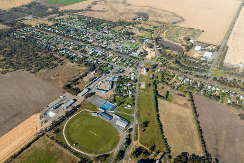 Aerial view of Rupanyup township surrounded by dry farmland and open plains. - Australian Stock Image