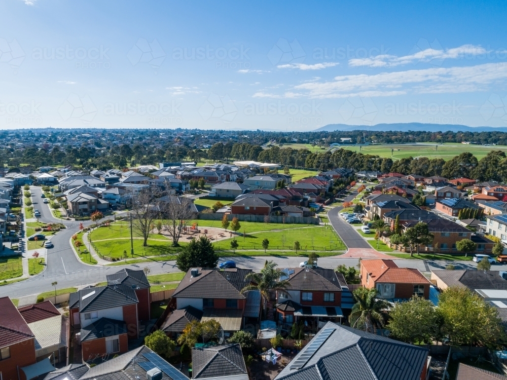 Aerial view of Sandown Road Playground park amongst houses in Springvale, Melbourne, Victoria - Australian Stock Image