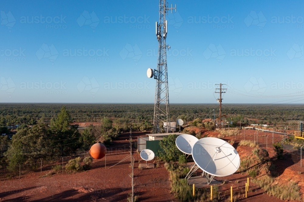 Image of Aerial view of satellite dishes at the base of a