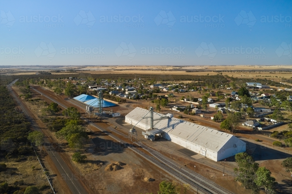 Aerial view of small country town of Ballidu in WA, with the CBH bins and railway in the foreground. - Australian Stock Image
