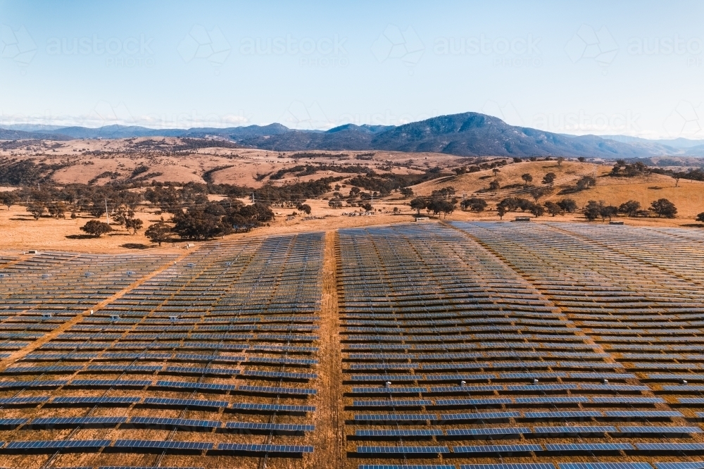 Aerial view of solar farm panels for renewable energy. - Australian Stock Image