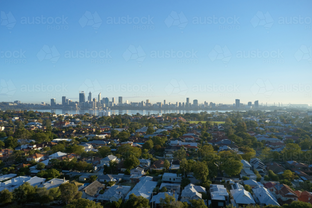 Aerial view of South Perth, city skyline and Swan River, in the early morning - Australian Stock Image