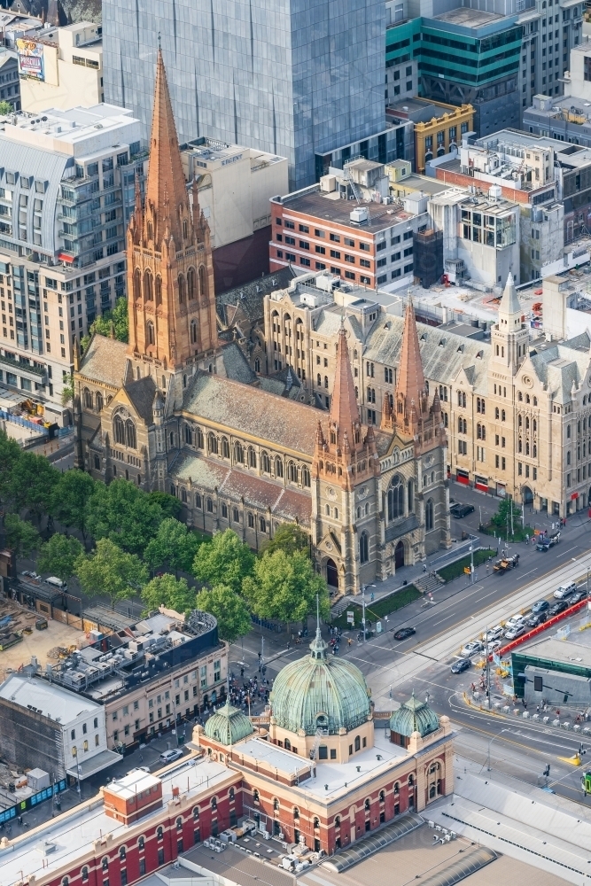 Aerial view of St Paul's Cathedral and Flinders Street Station - Australian Stock Image