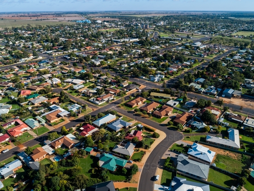 Aerial view of streets and houses in rural country town in NSW Australia - Australian Stock Image