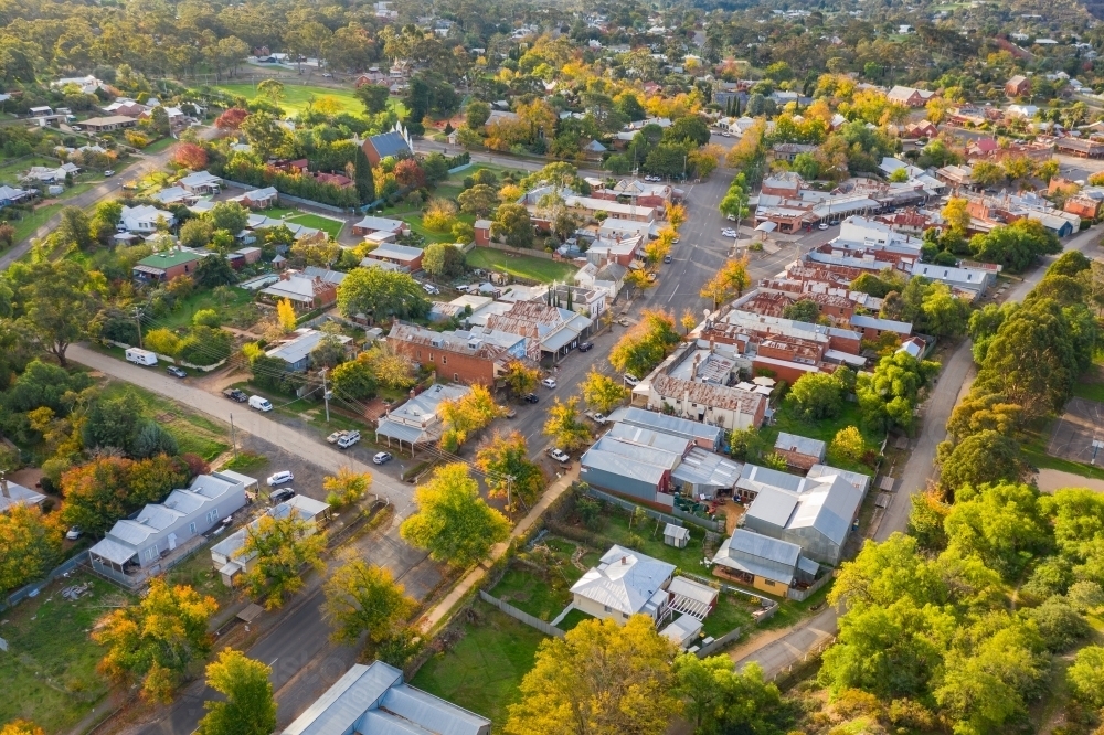 Aerial view of streets in a rural town in autumn - Australian Stock Image