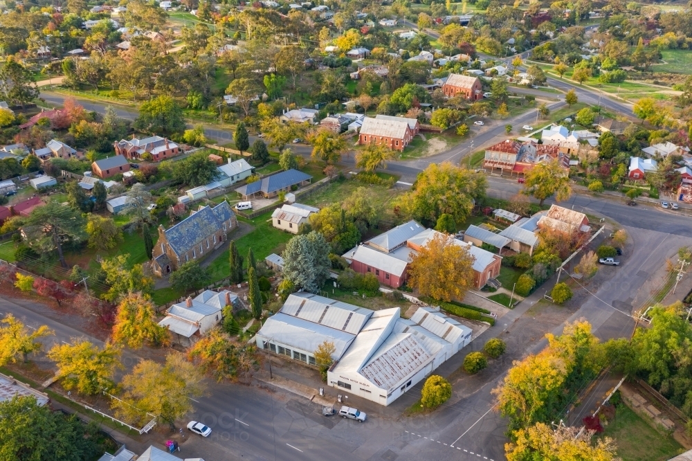 Aerial view of streets in a rural town in autumn - Australian Stock Image