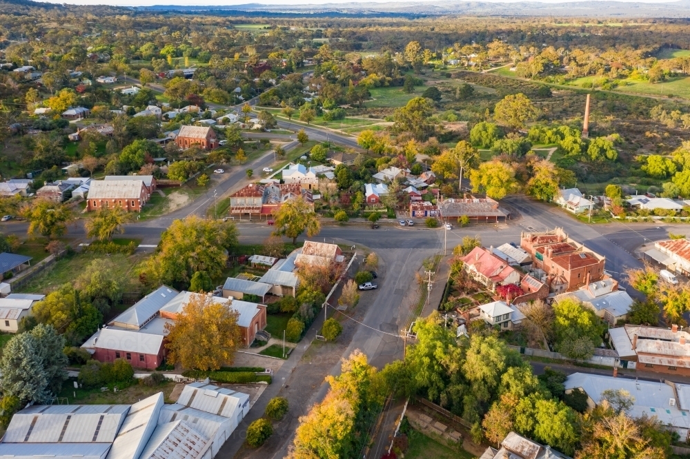 Aerial view of streets in a rural town in autumn - Australian Stock Image
