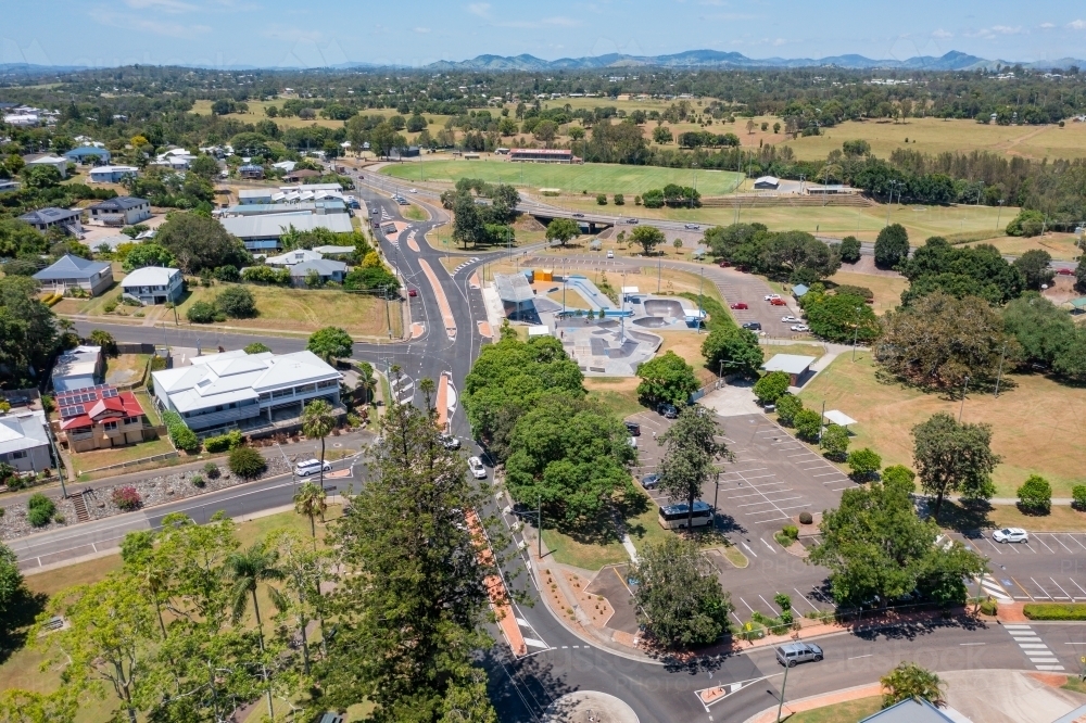 Aerial view of streets leading into a regional town - Australian Stock Image