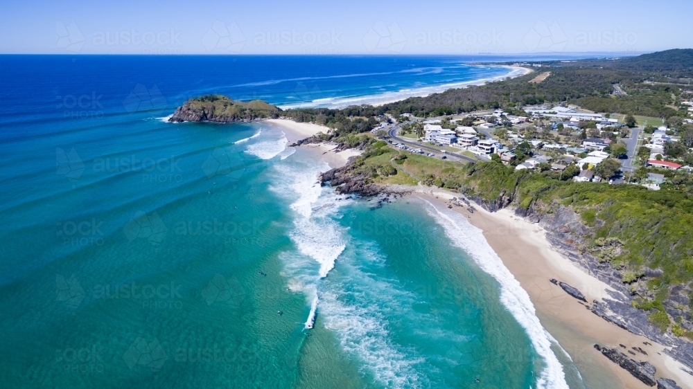 Aerial view of surf and surfers at Cabarita Beach. - Australian Stock Image