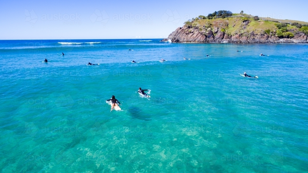 Aerial view of surf and surfers at Cabarita Beach. - Australian Stock Image