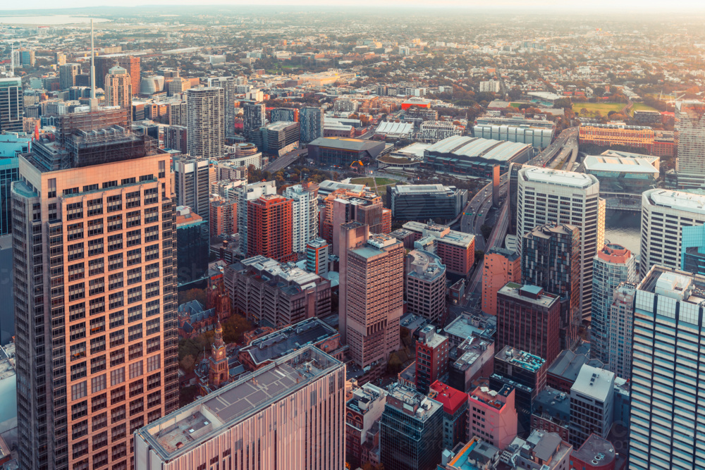 aerial view of Sydney city skyline blending modern architecture and iconic landmarks - Australian Stock Image
