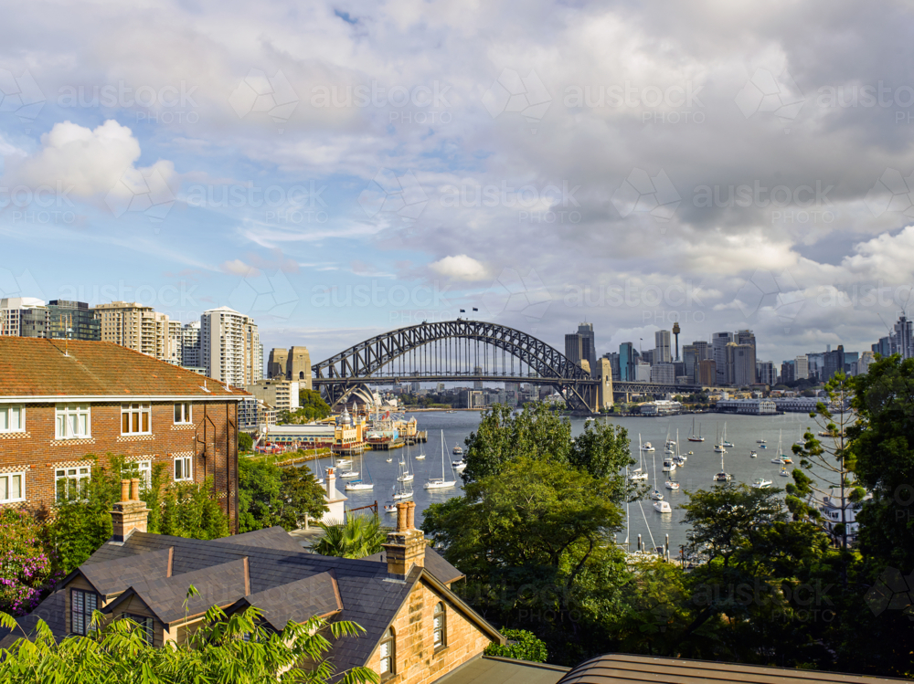 Aerial view of Sydney city with harbour bridge - Australian Stock Image