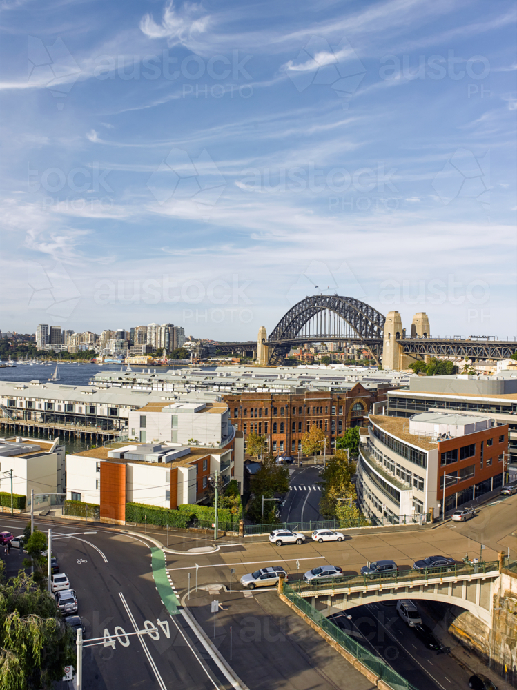 Aerial view of Sydney city with harbour bridge - Australian Stock Image