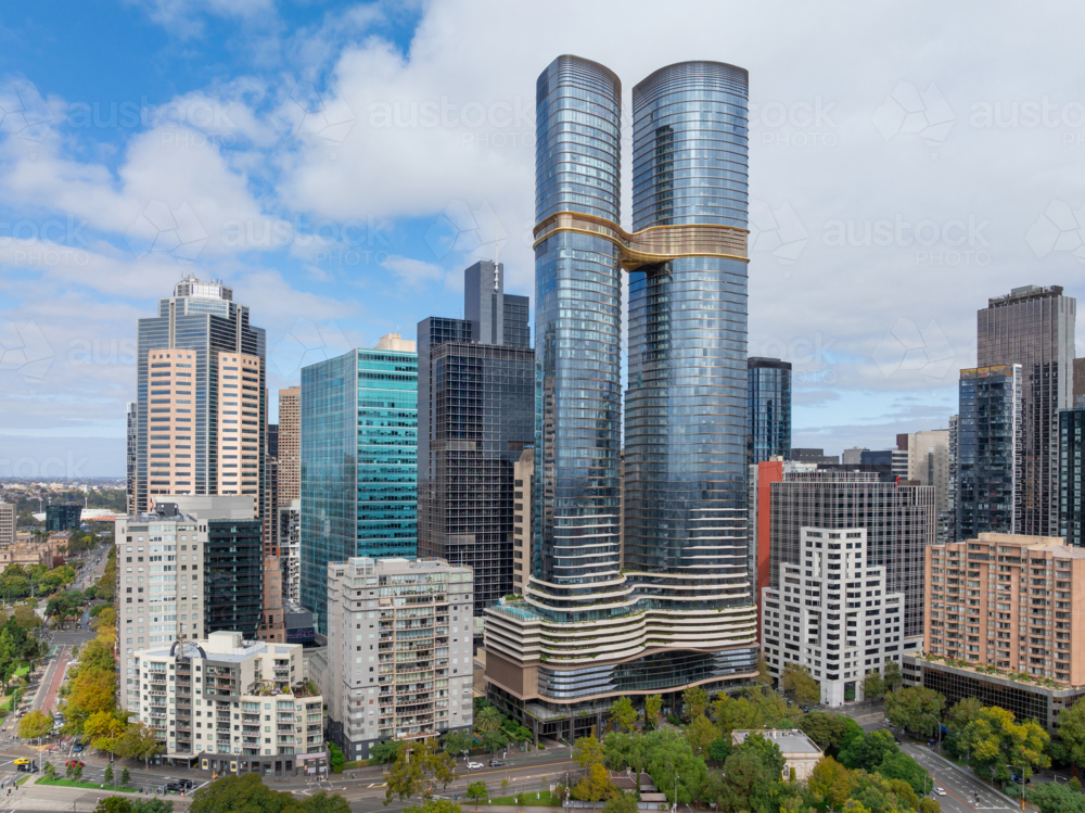 Image of Aerial view of tall city skyscrapers joined by an aerial ...