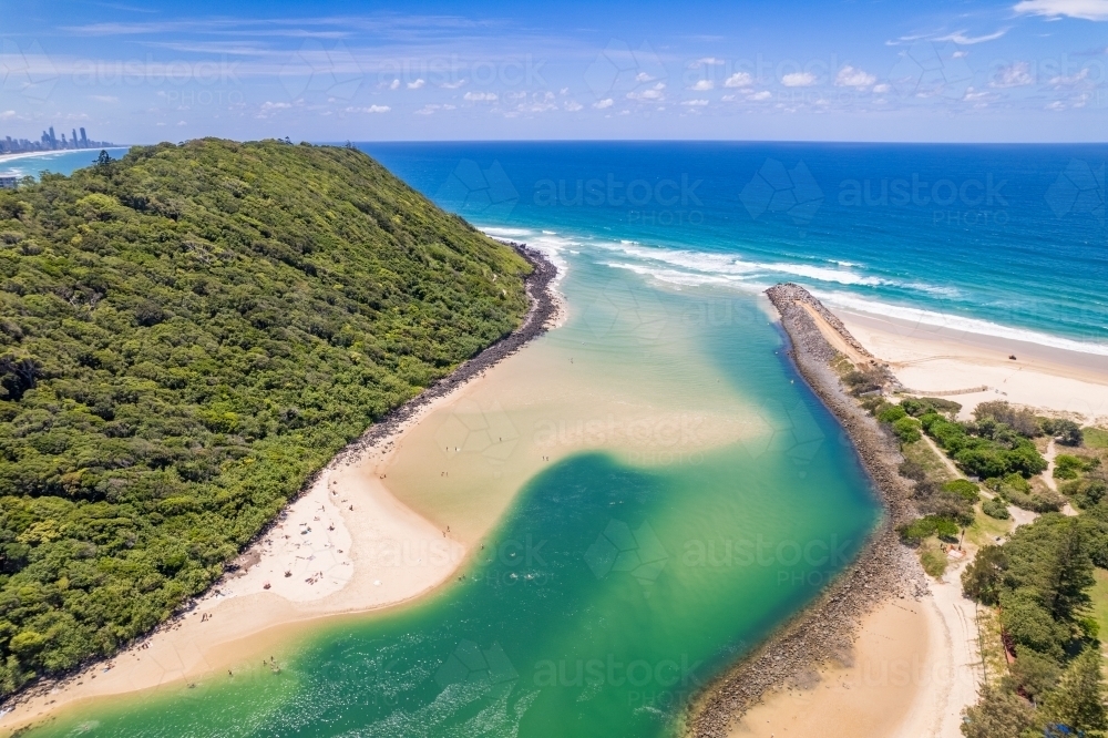 Image of Aerial view of Tallebudgera Creek green and blue in the Gold Coast, - Austockphoto