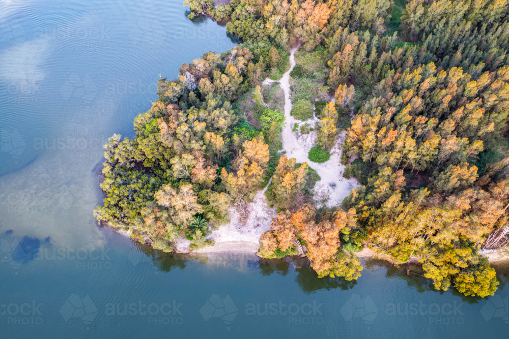 Aerial view of Tern Island in Tuncurry, showcasing its sandy shoreline - Australian Stock Image