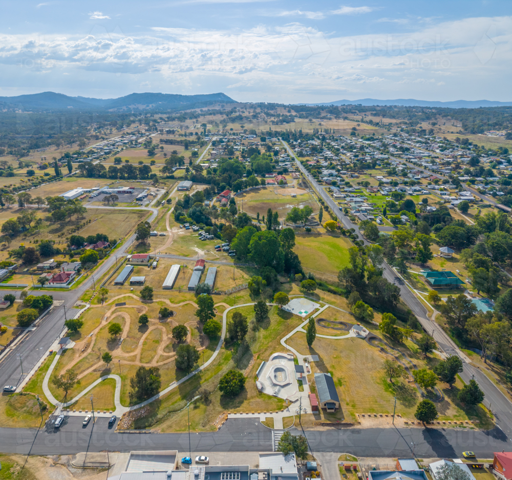 Aerial view of the BMX track and showground in Tenterfield - Australian Stock Image