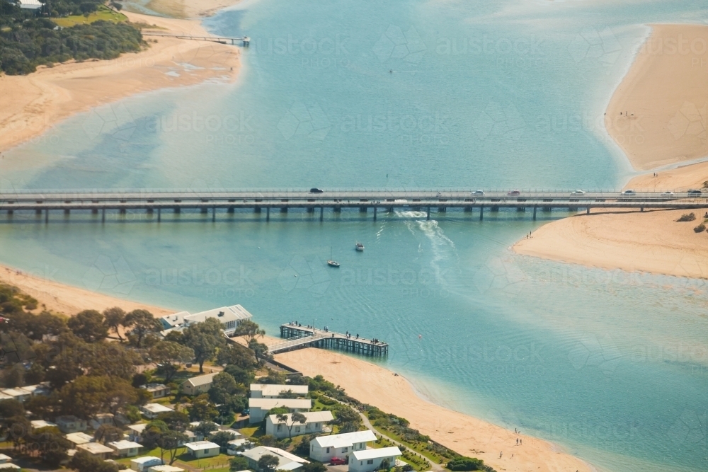 Aerial view of the bridges crossing the Barwon River at Barwon Heads - Australian Stock Image