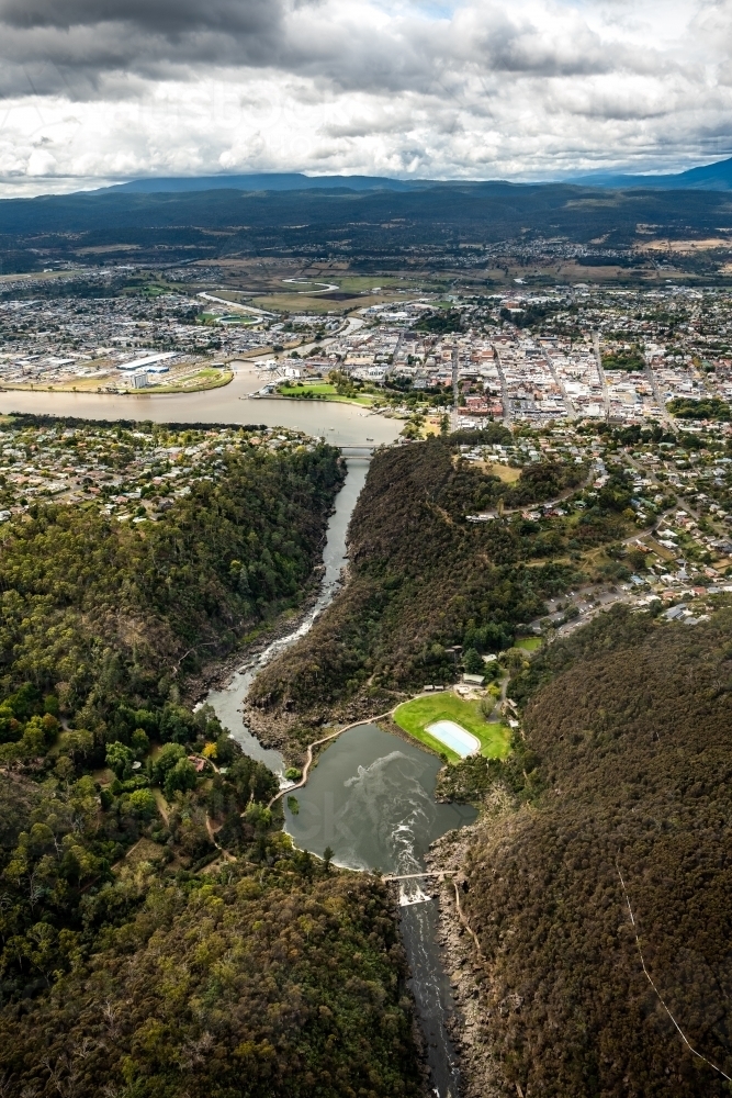 Aerial view of the Cataract Gorge Reserve - Australian Stock Image