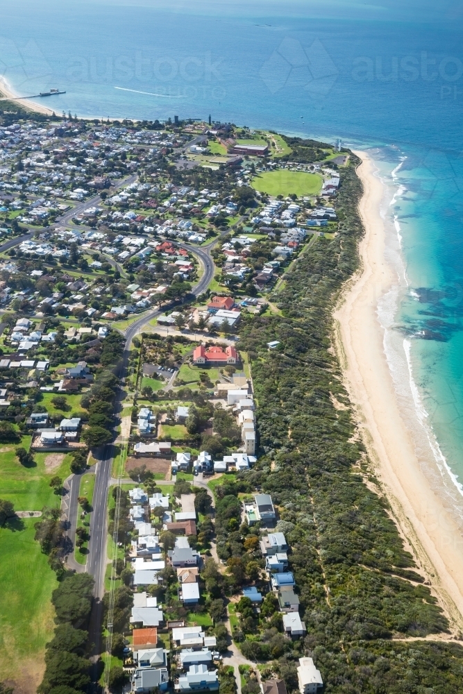 Aerial view of the coastline around the town of Queenscliff - Australian Stock Image