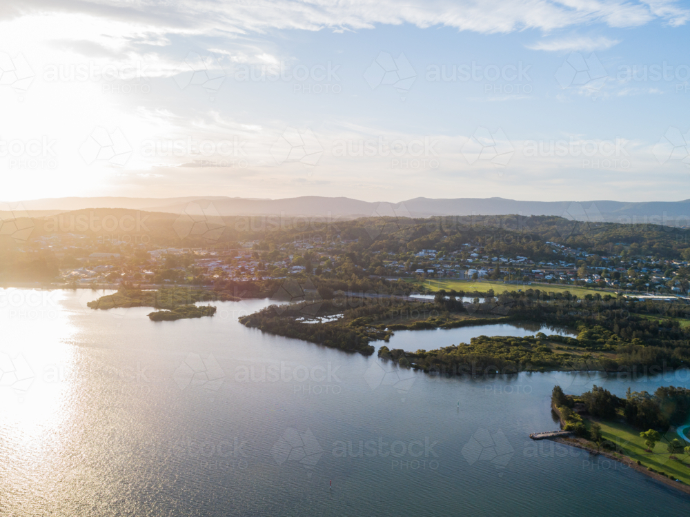 Aerial view of The Five Islands and cockle creek flowing into cockle bay in Newcastle - Australian Stock Image